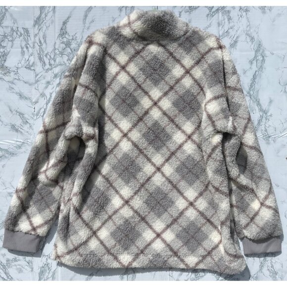 Maurices Womens XXL Plaid Fleece Pullover Sweater Gray White Quarter Zip - Picture 2 of 7